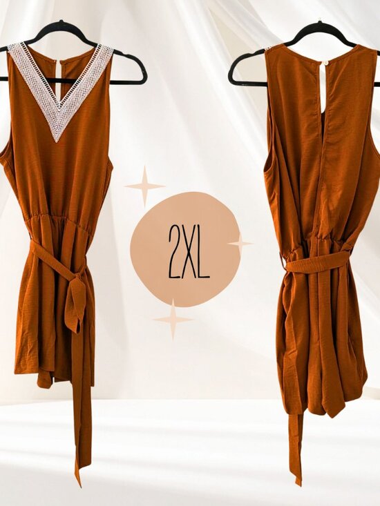 Pants - Rust Belted Romper XXL V-Neck Lace Trim Boho Minimalist Playsuit